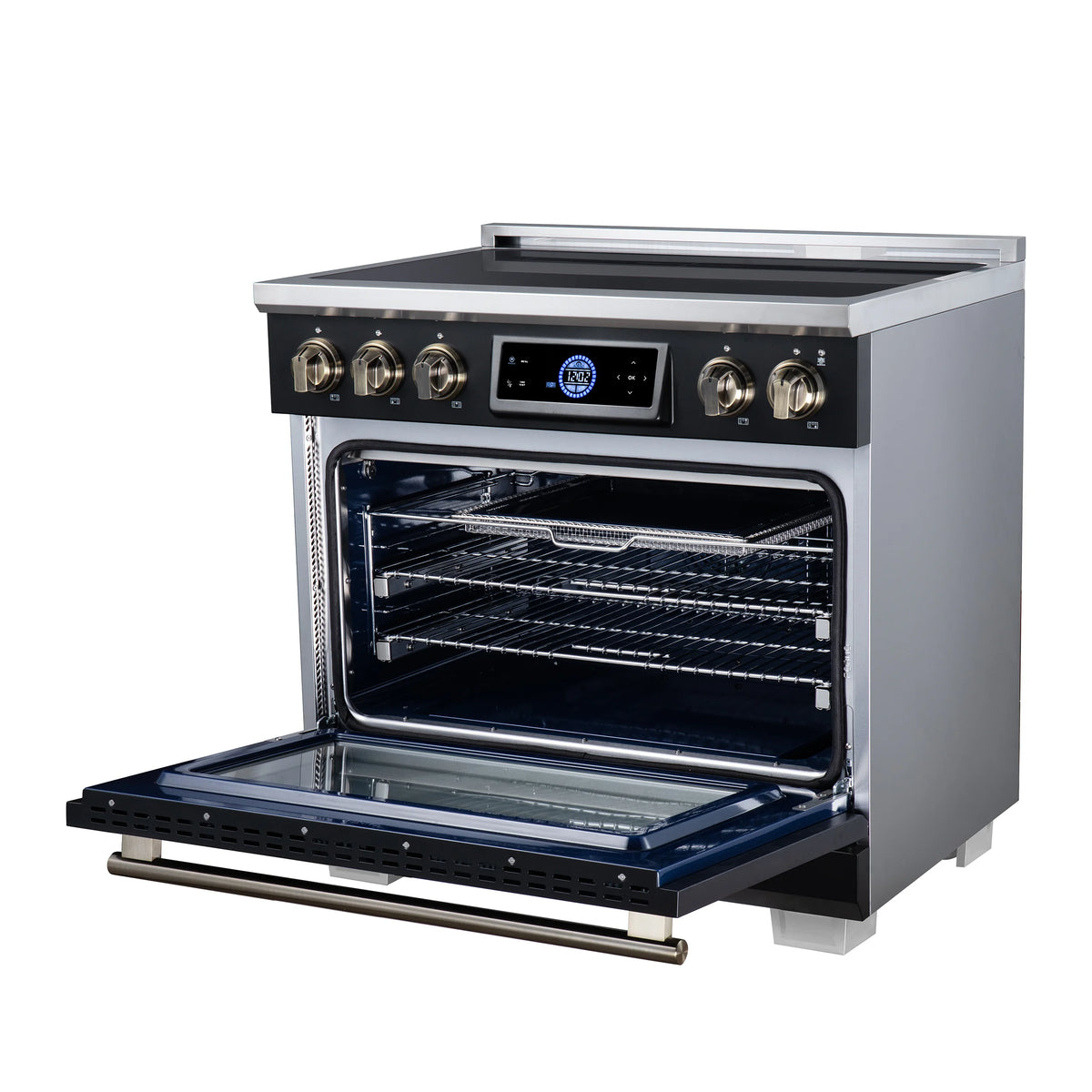Forno Maximus 36-inch black induction range FFSIN0968-36BLK, right angle view with the oven door open