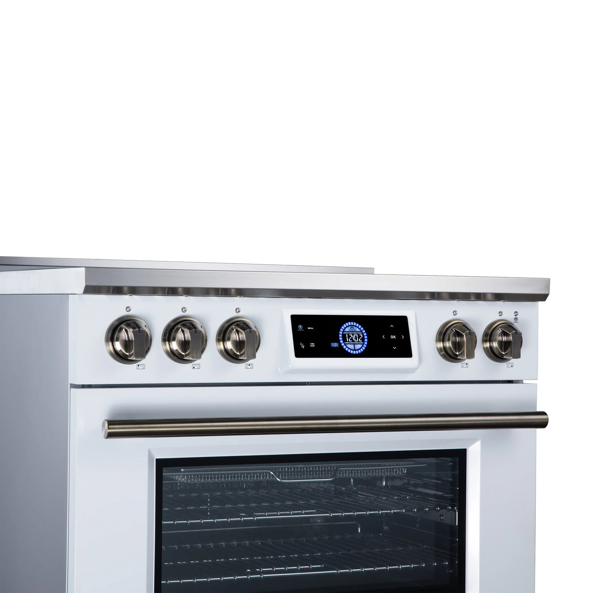 Forno Maximus 36-inch white induction range FFSIN0968-36WHT, digital control panel and illuminated antique brass knobs from the left
