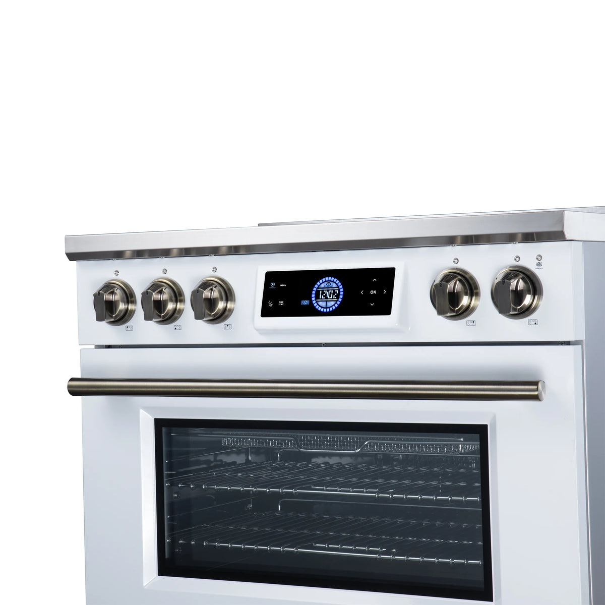 Forno Maximus 36-inch white induction range FFSIN0968-36WHT, digital control panel and illuminated antique brass knobs from the right
