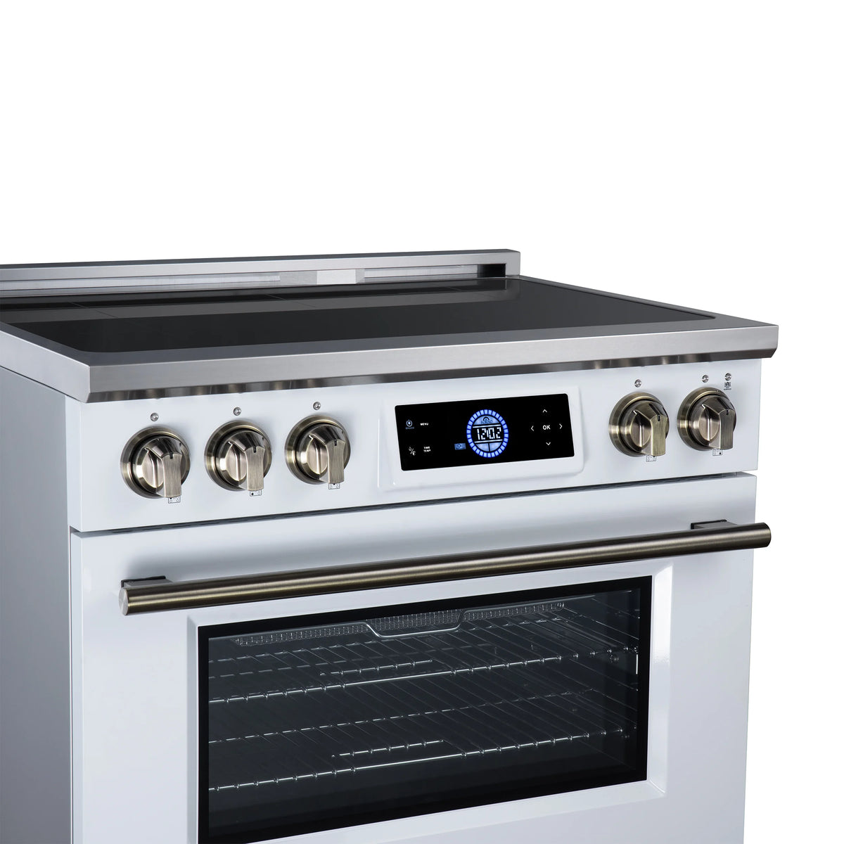 Forno Maximus 36-inch white induction range FFSIN0968-36WHT, close-up of the antique brass knobs and handle from the left