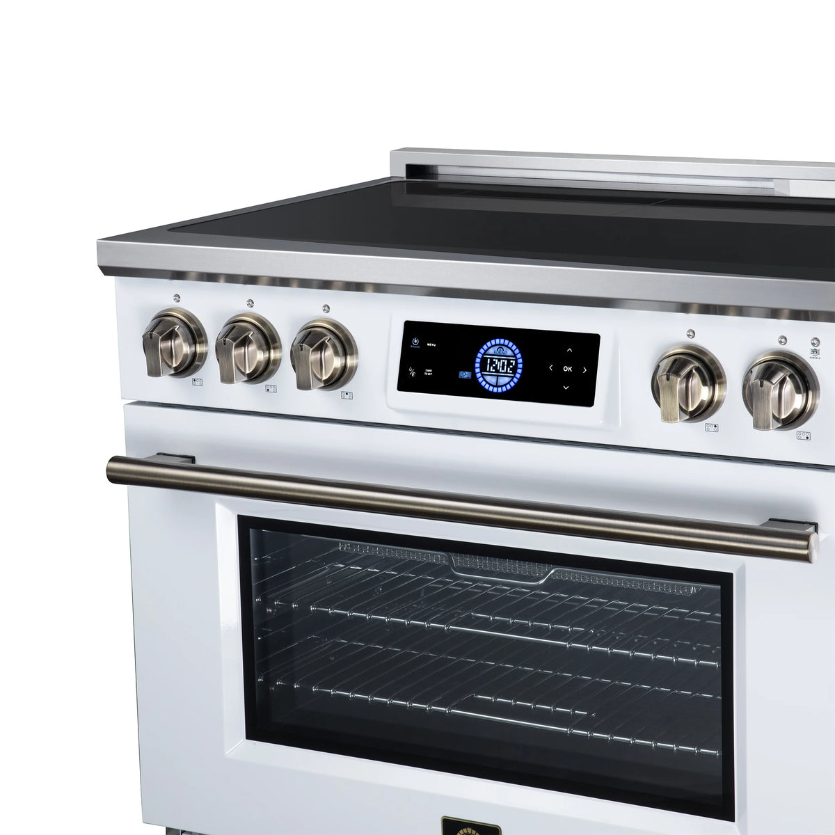 Forno Maximus 36-inch white induction range FFSIN0968-36WHT, close-up of the antique brass knobs and handle from the right