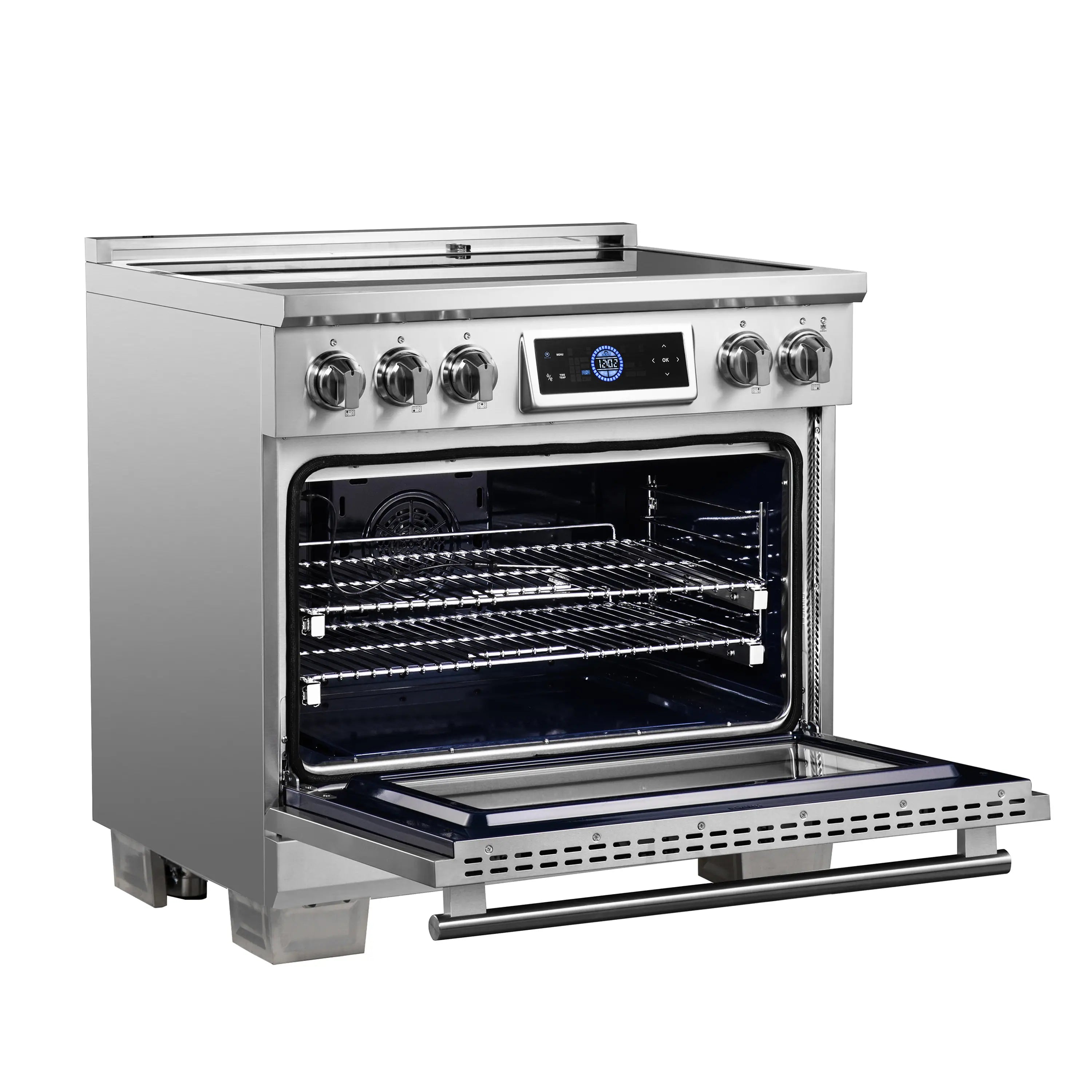 Stainless steel induction range with open oven door and bake rack