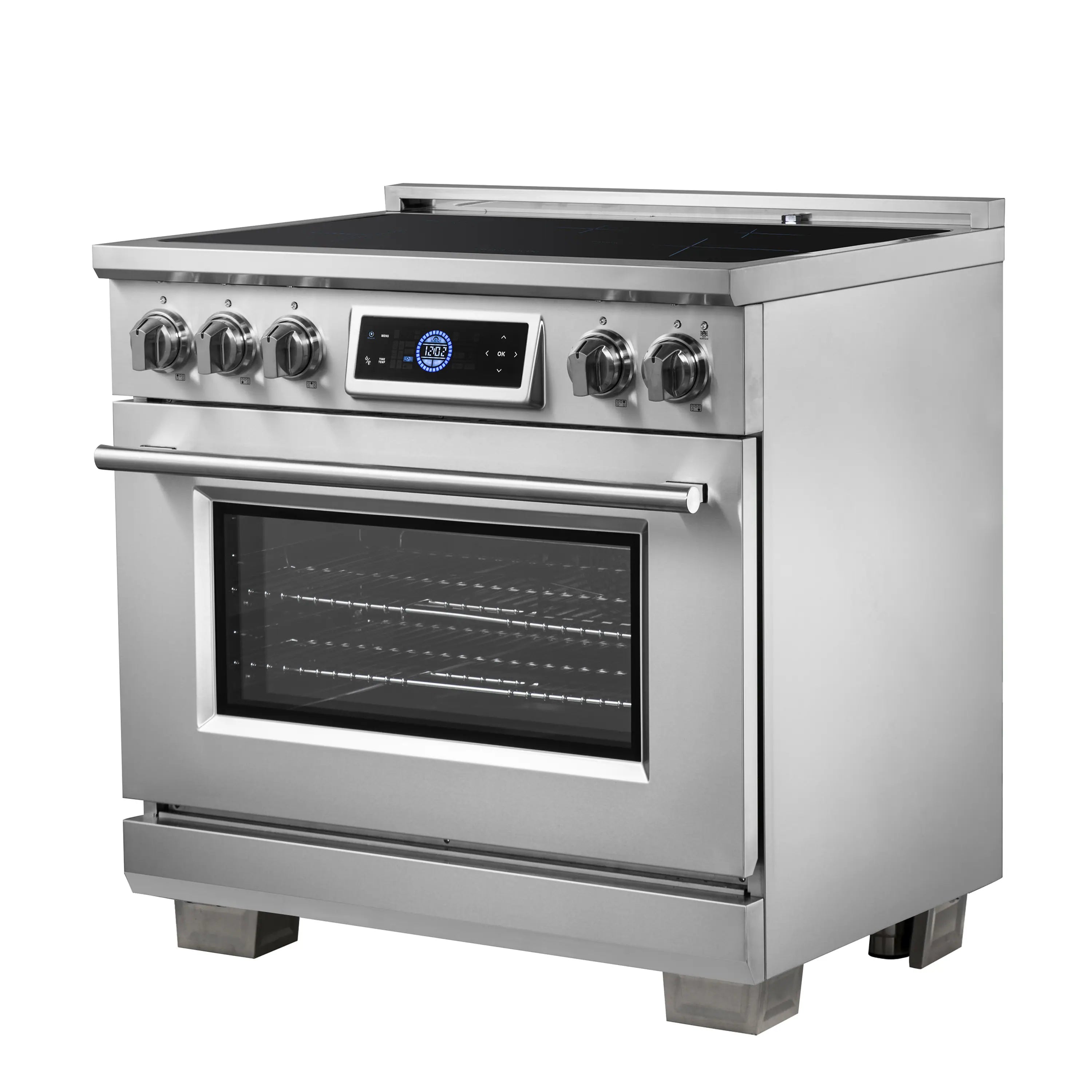Stainless steel induction range with black window oven and control panel