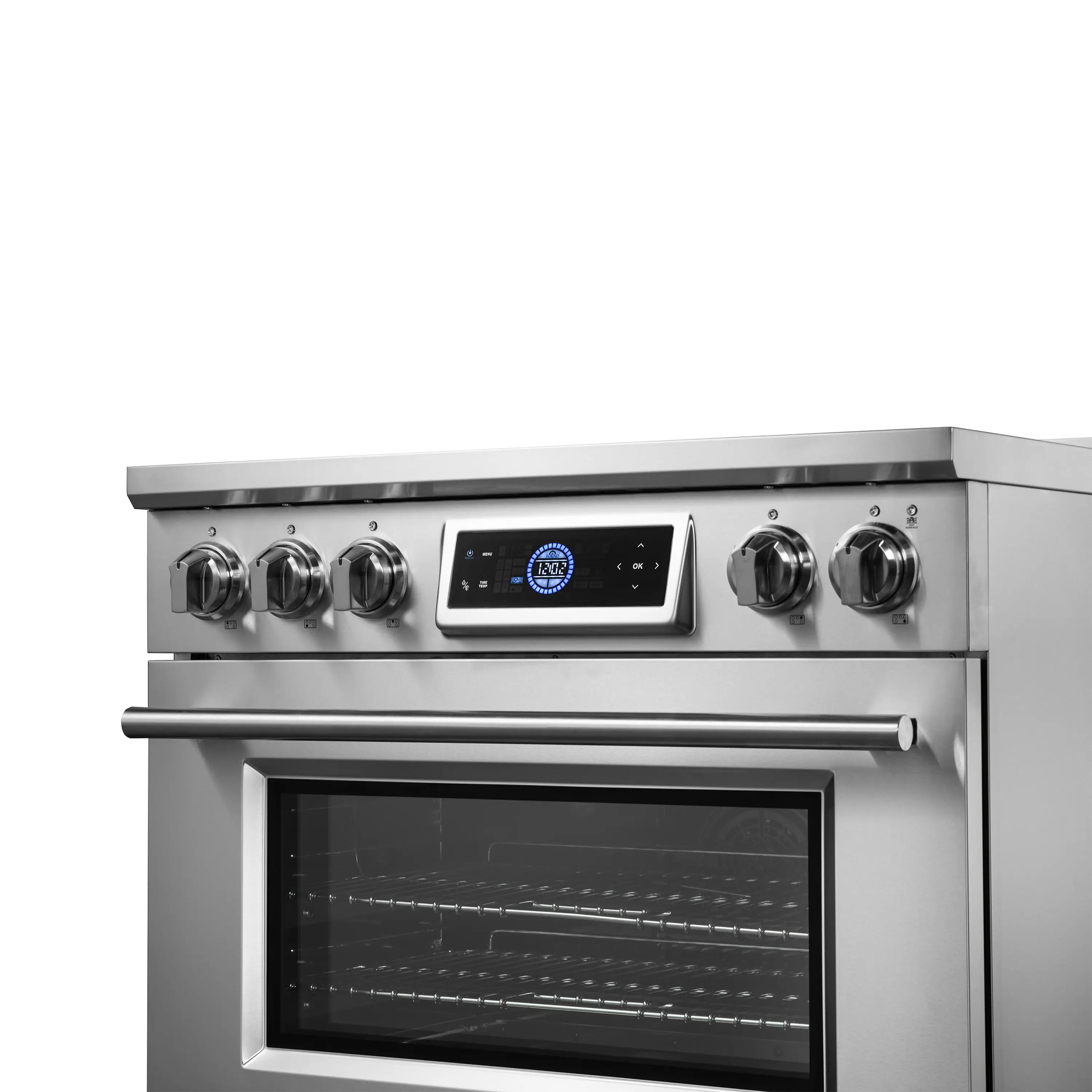 Stainless steel induction range front, centered control panel with knobs and oven window