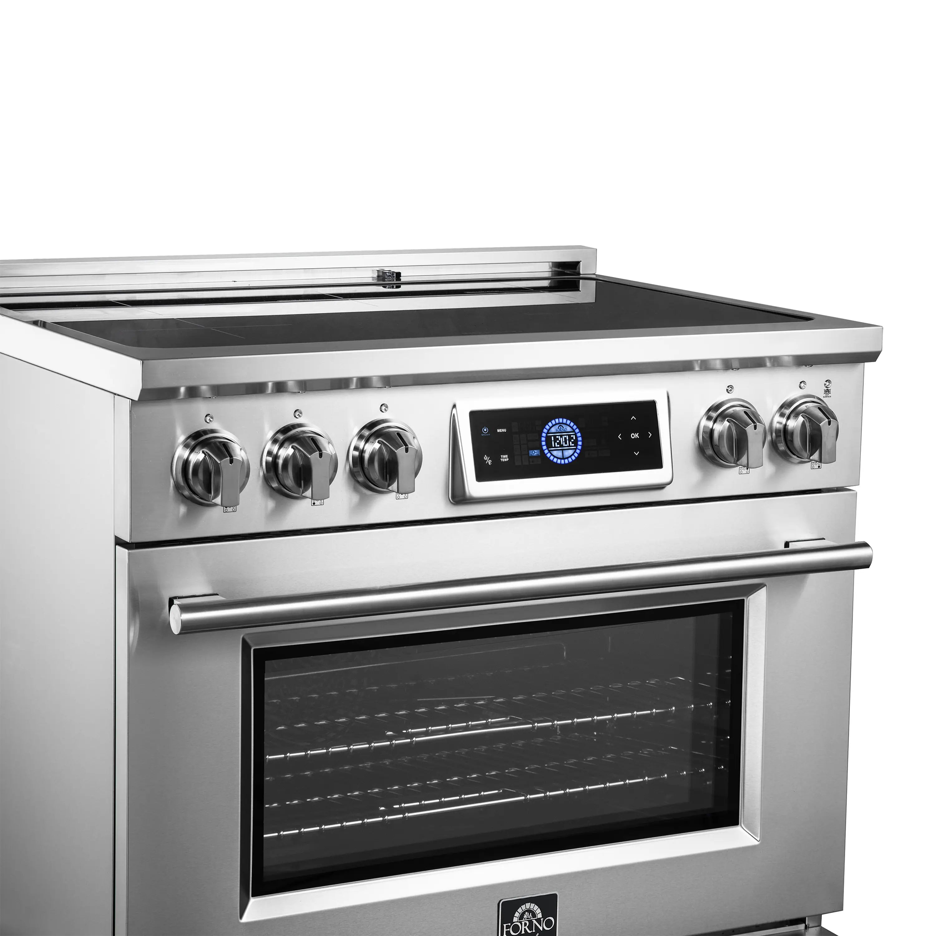 Stainless steel induction range close-up: black cooktop, knobs, and oven window