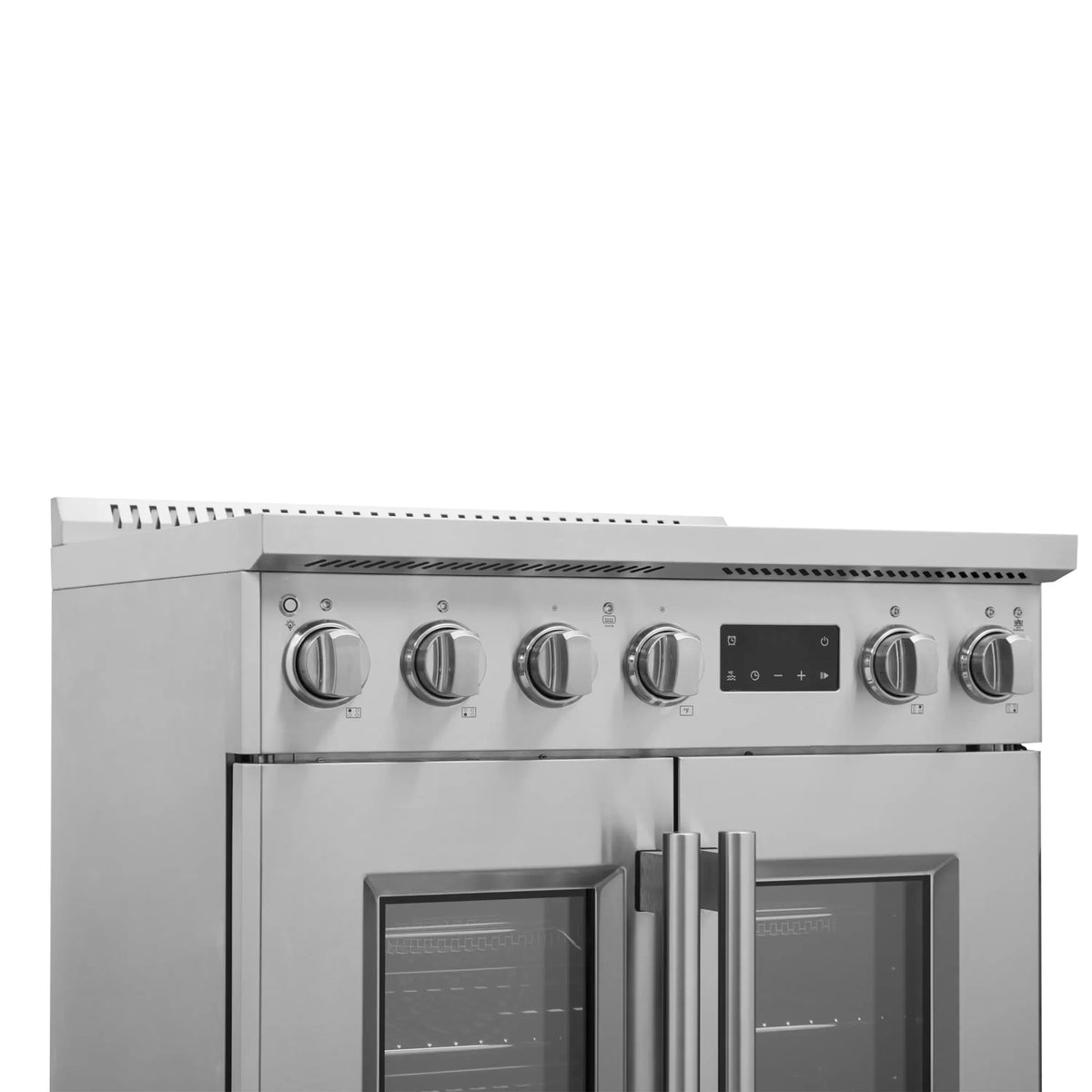 Stainless steel induction range front with multiple cooktop knobs and central display panel