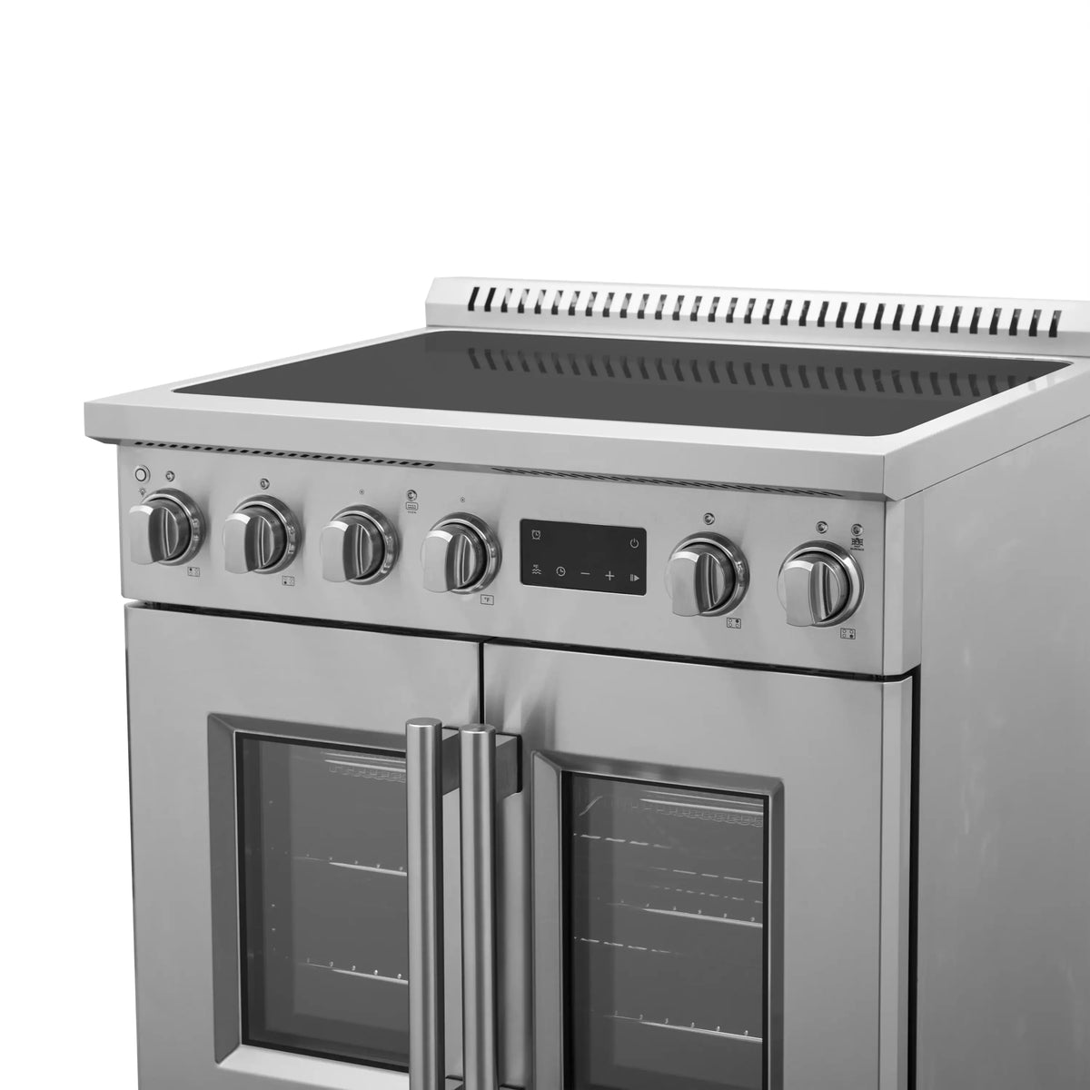 Stainless steel induction range control panel with knobs and two French oven doors