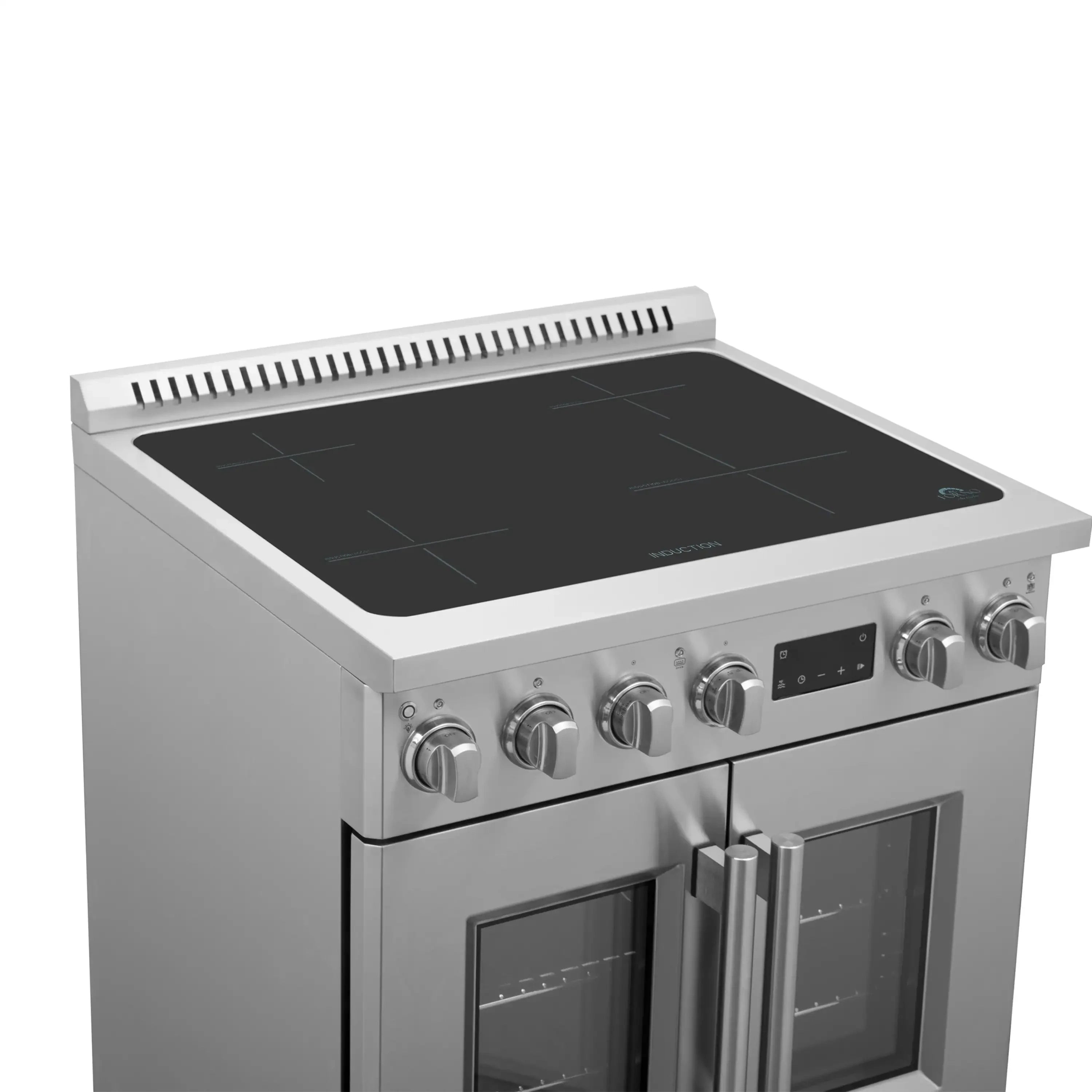 Stainless steel induction cooktop with black glass surface and two lower oven doors