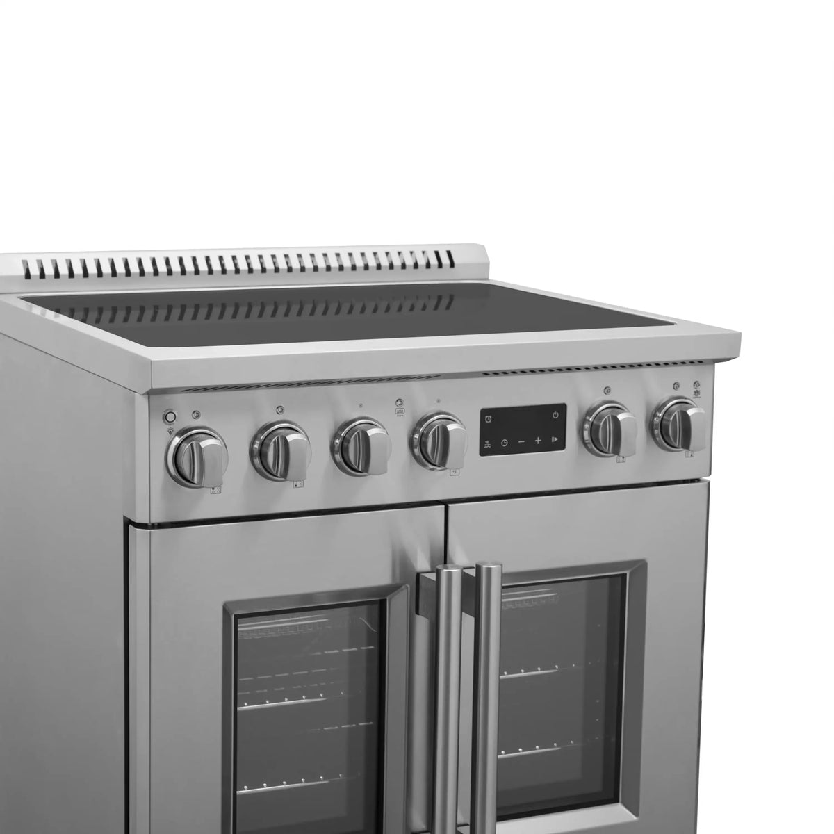 Stainless steel induction range front-left angle with control panel and two oven doors