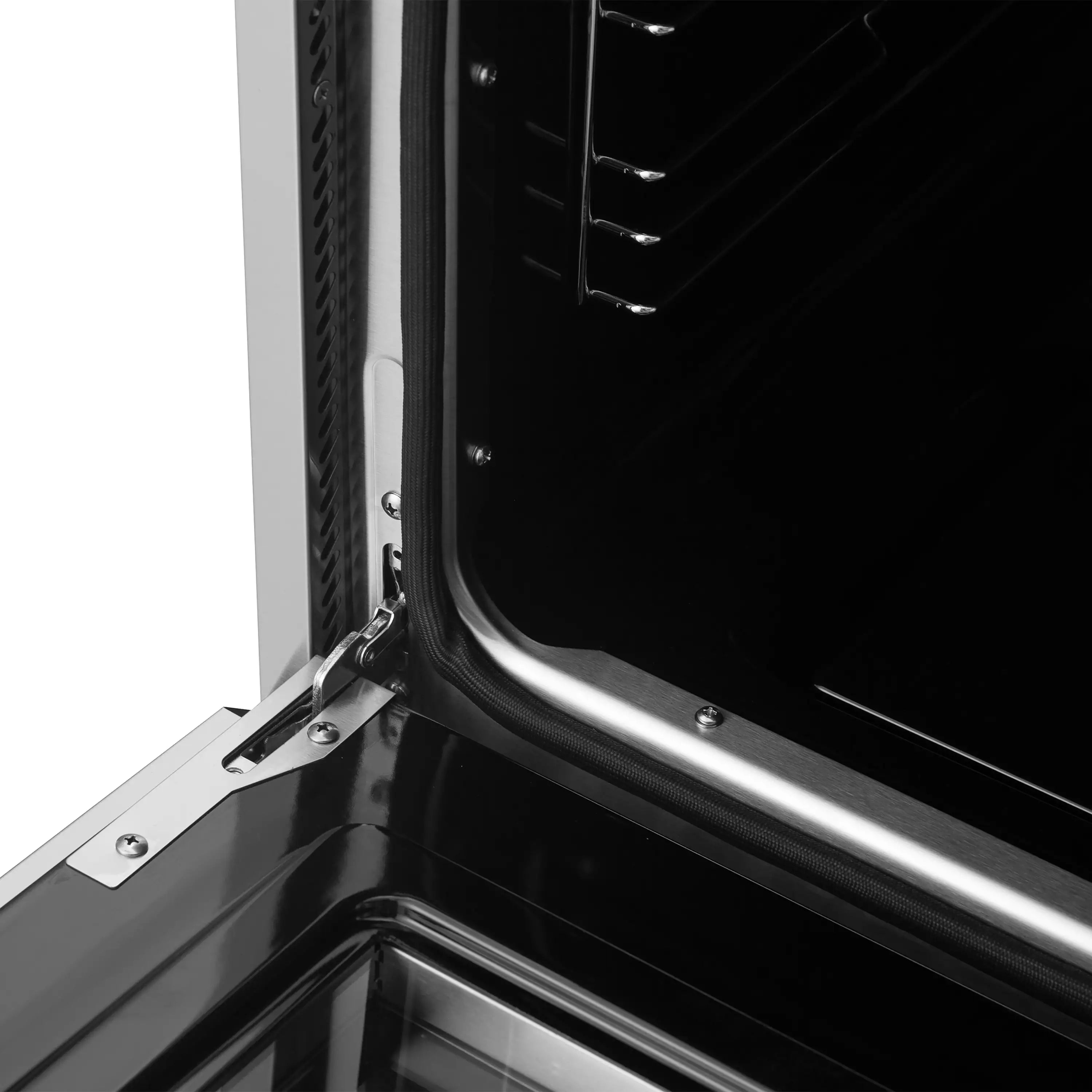 Induction oven door hinge and latch hardware with inner metal frame detail