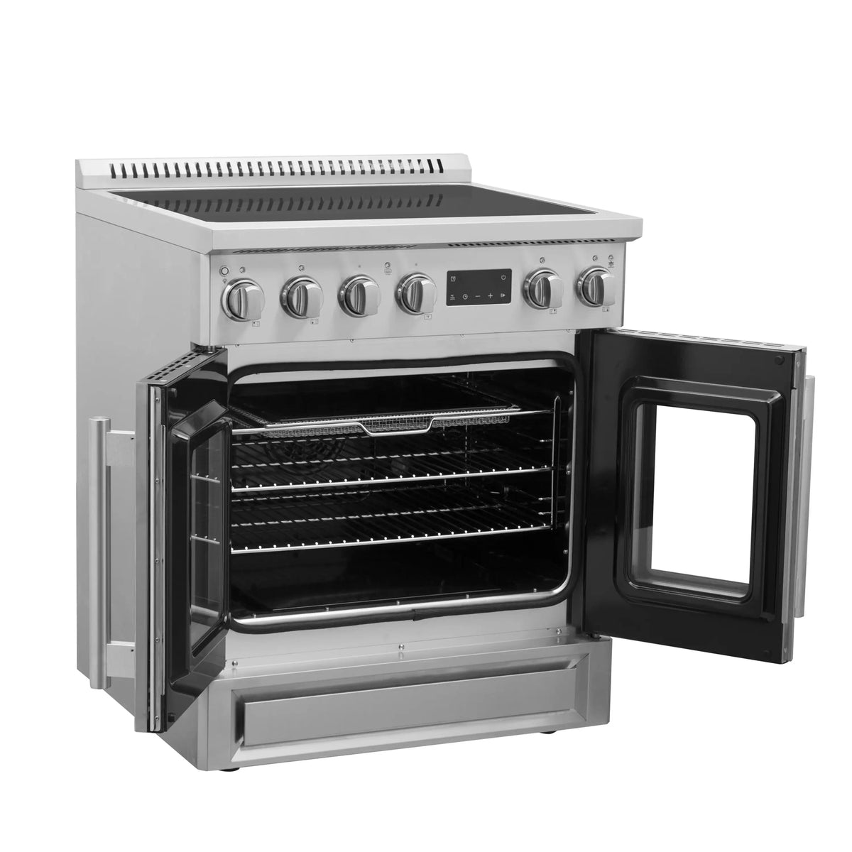 Stainless steel induction range with one French door open showing oven interior and racks
