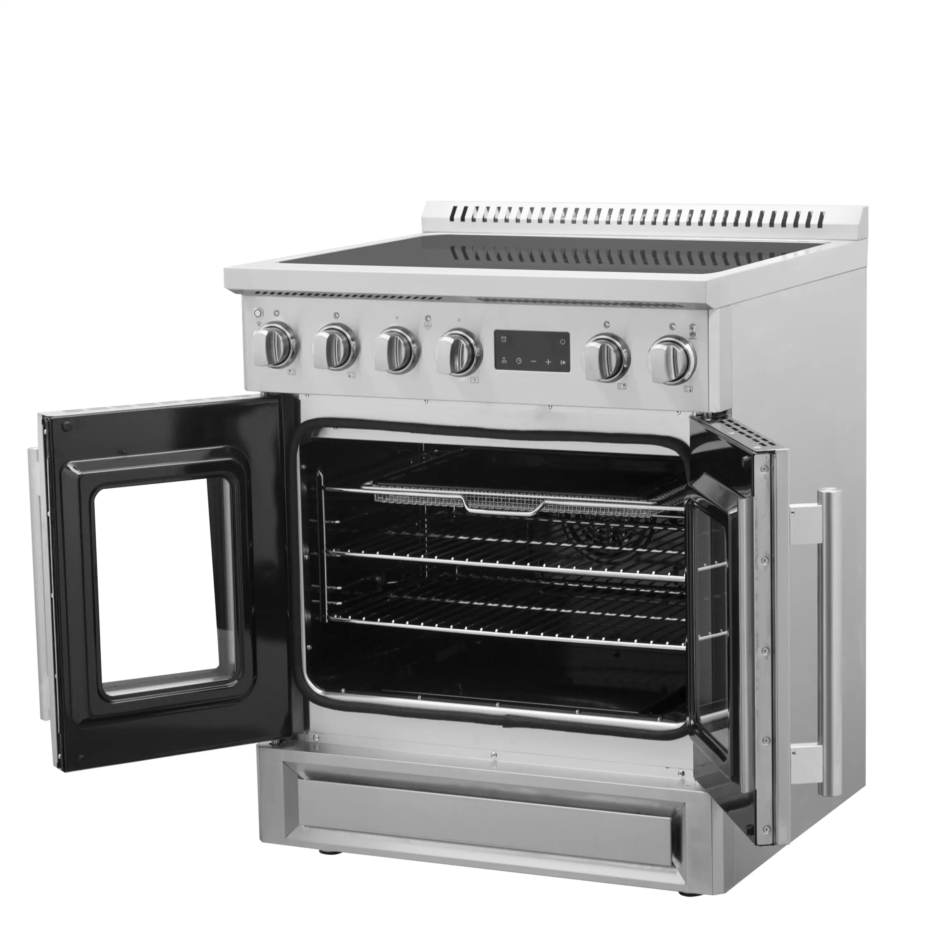 Stainless steel induction range with both French doors open and interior oven shelves