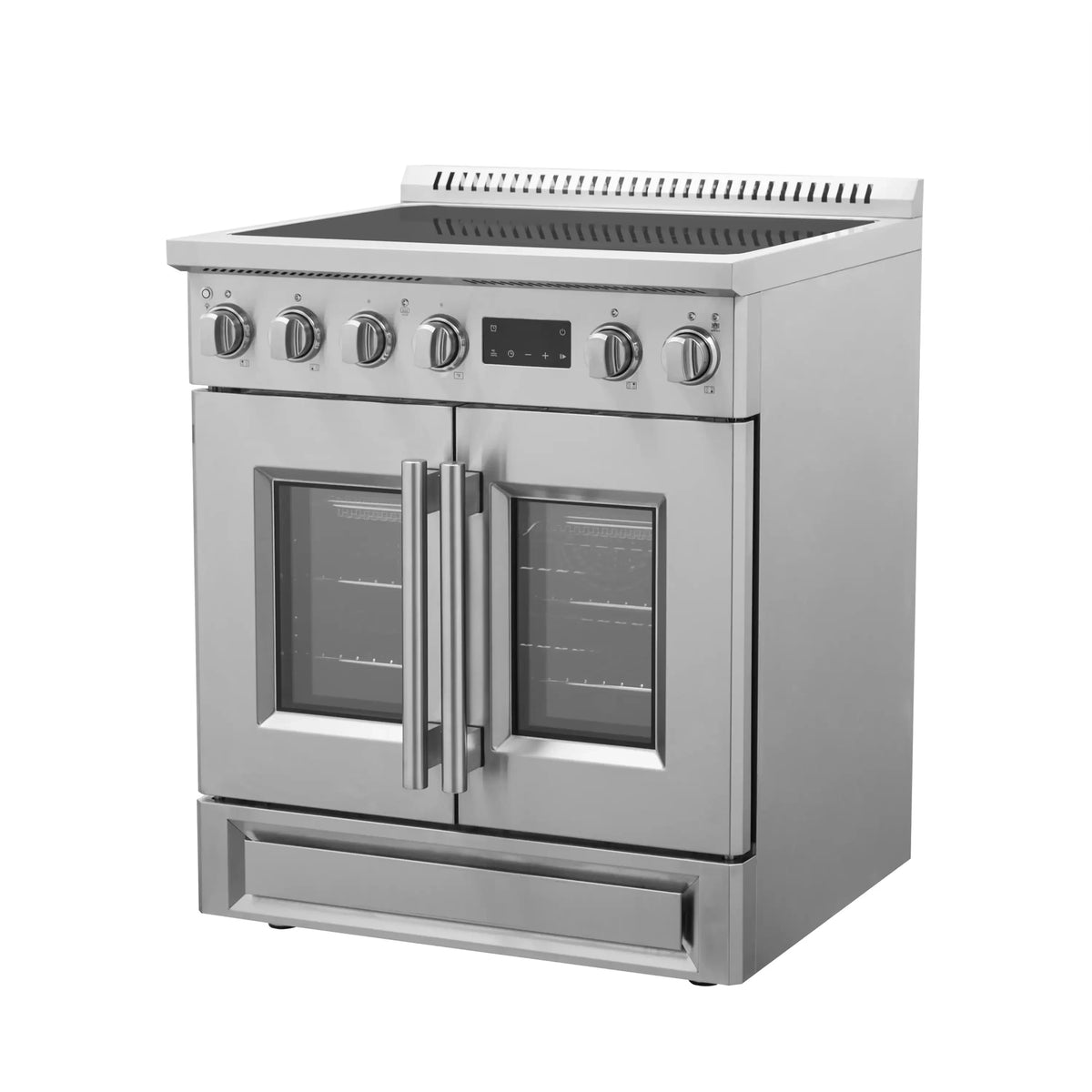 Stainless steel induction range with closed French oven doors and front storage drawer