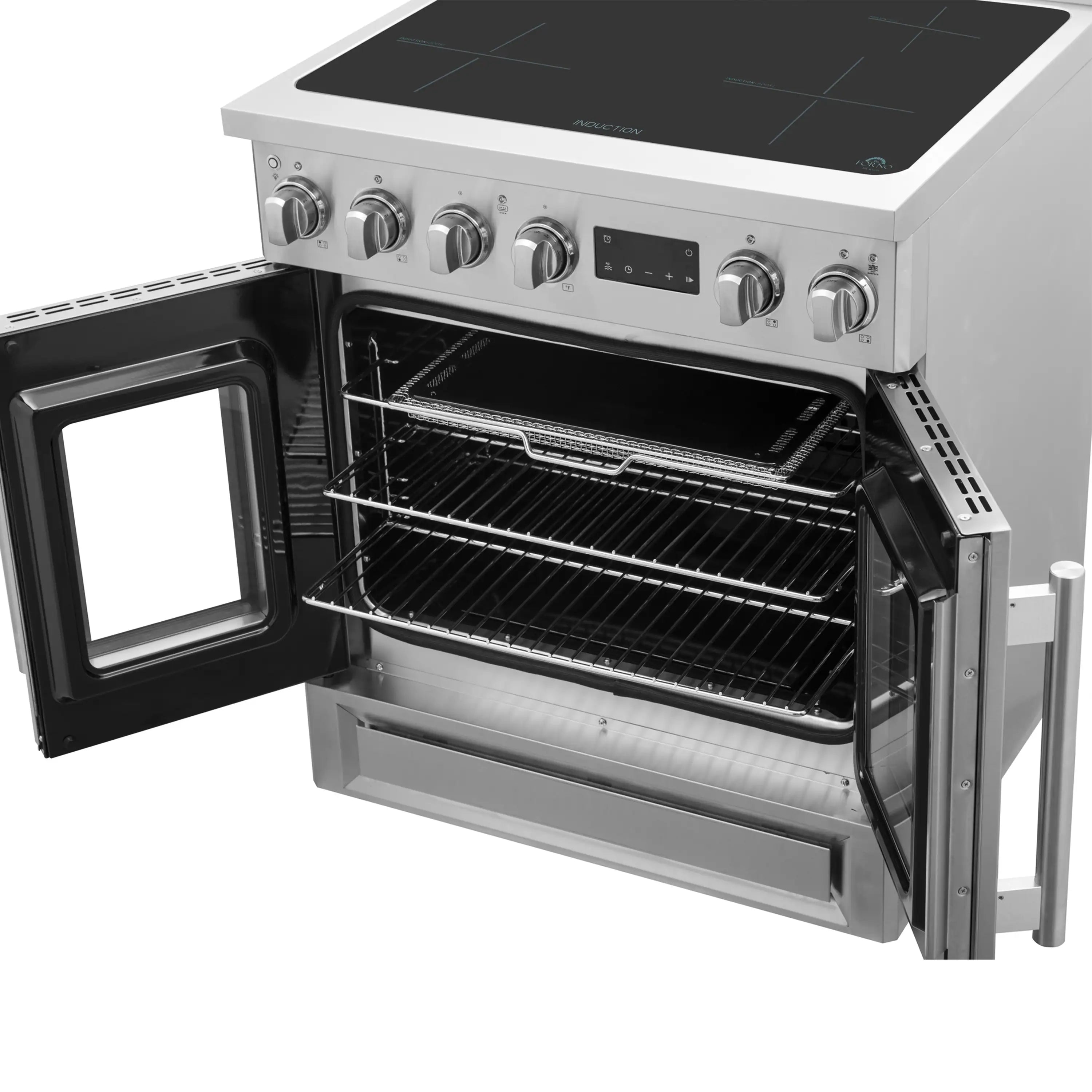 Stainless steel induction range oven with wire rack, open door, and control panel