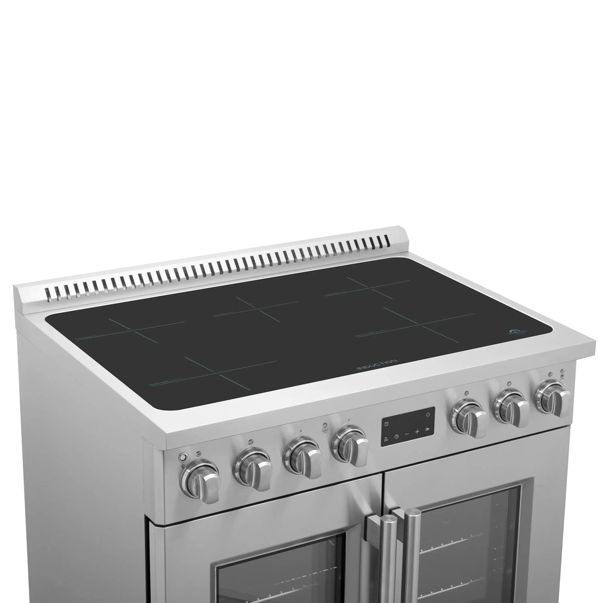 Stainless steel induction range with black glass cooktop and front controls