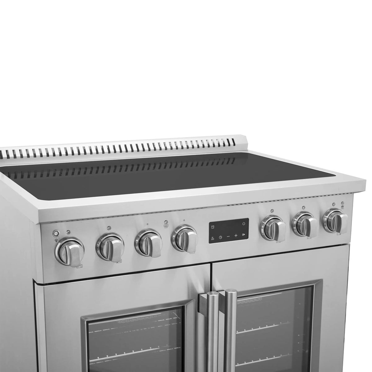 Stainless steel induction range, cooktop and control panel above closed oven doors