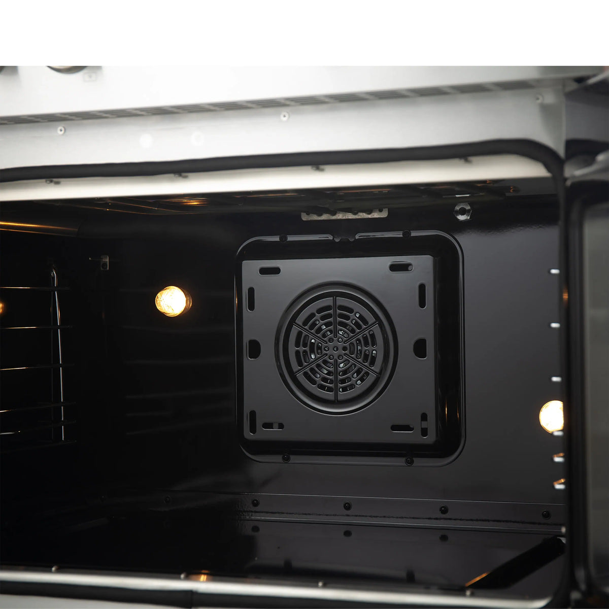 Induction oven interior close-up showing rear convection fan housing and vents