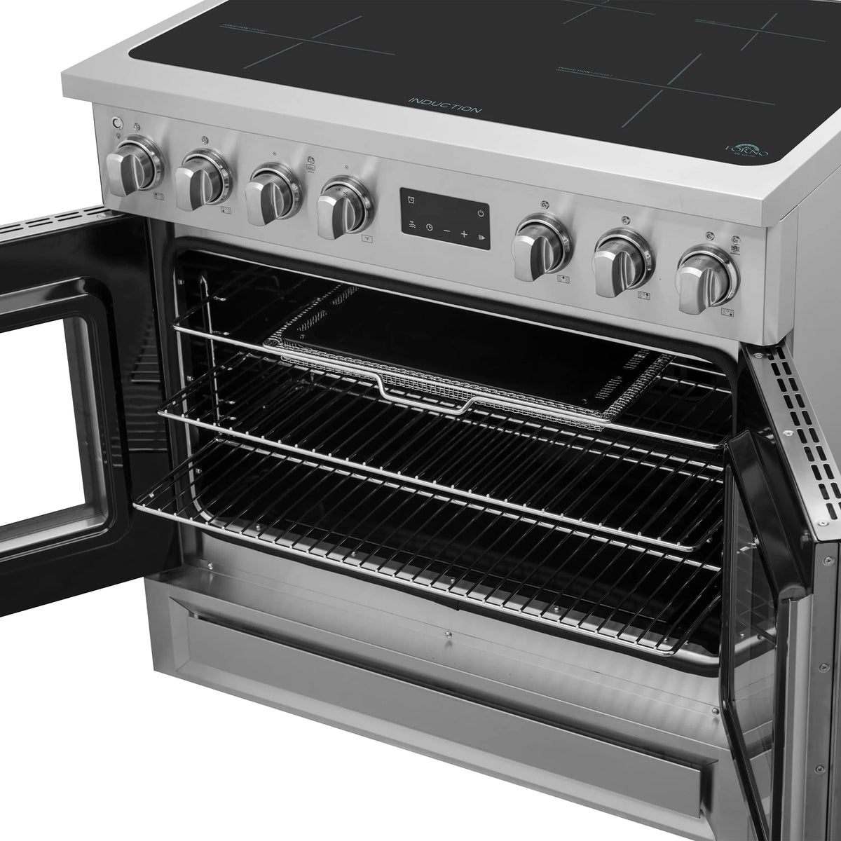 Stainless steel induction range with open oven door and wire rack inside