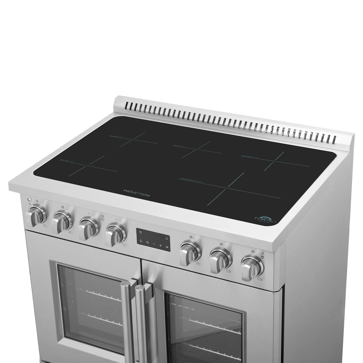 Stainless steel induction range with black glass cooktop and control knobs