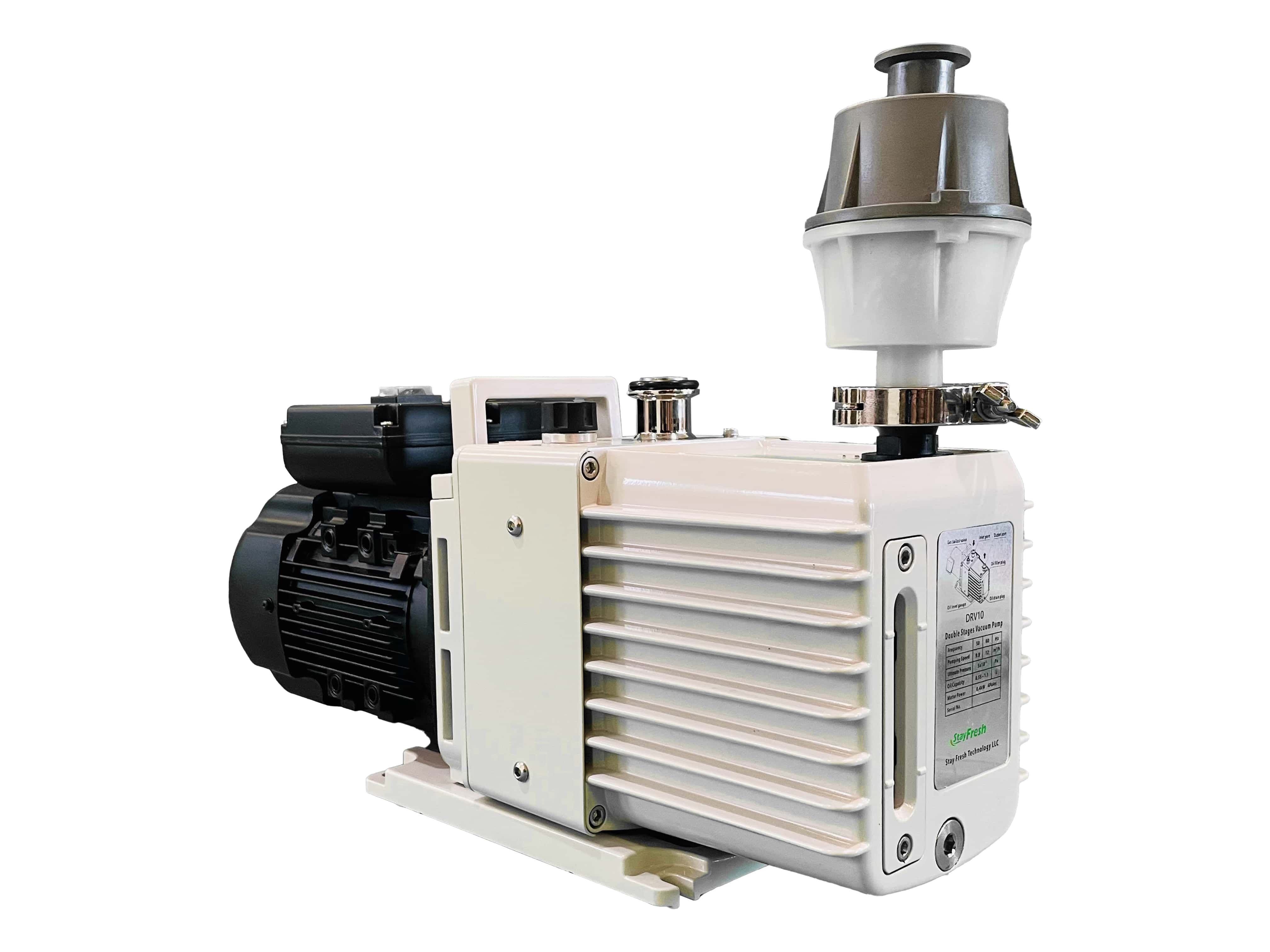 Stainless steel freeze dryer pump with fan housing and stacked vented heat sink