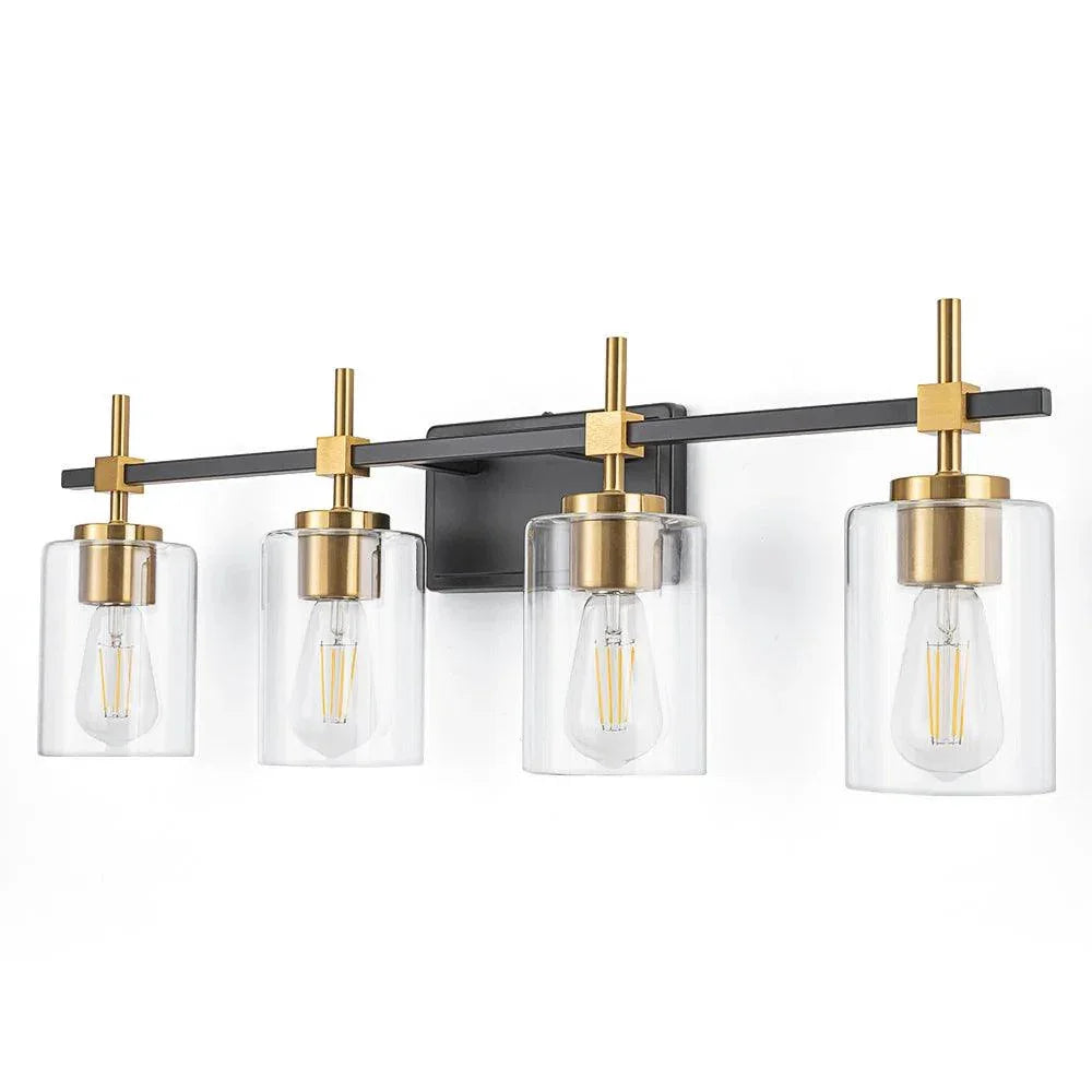 4-light bathroom vanity light with black bar, clear glass shades, and gold accents