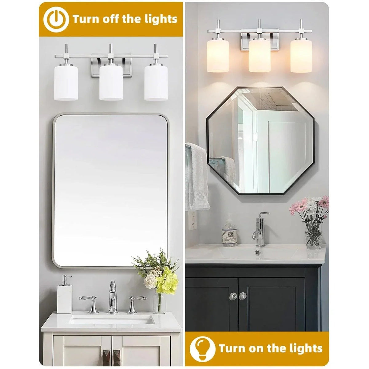 3-light bathroom vanity light with frosted glass shades and brushed nickel bar mount