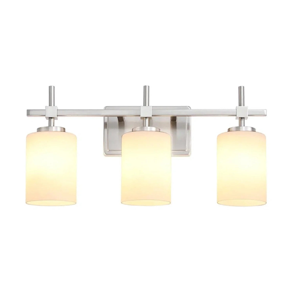 3-light bathroom vanity light with frosted glass shades and brushed metal mounting frame