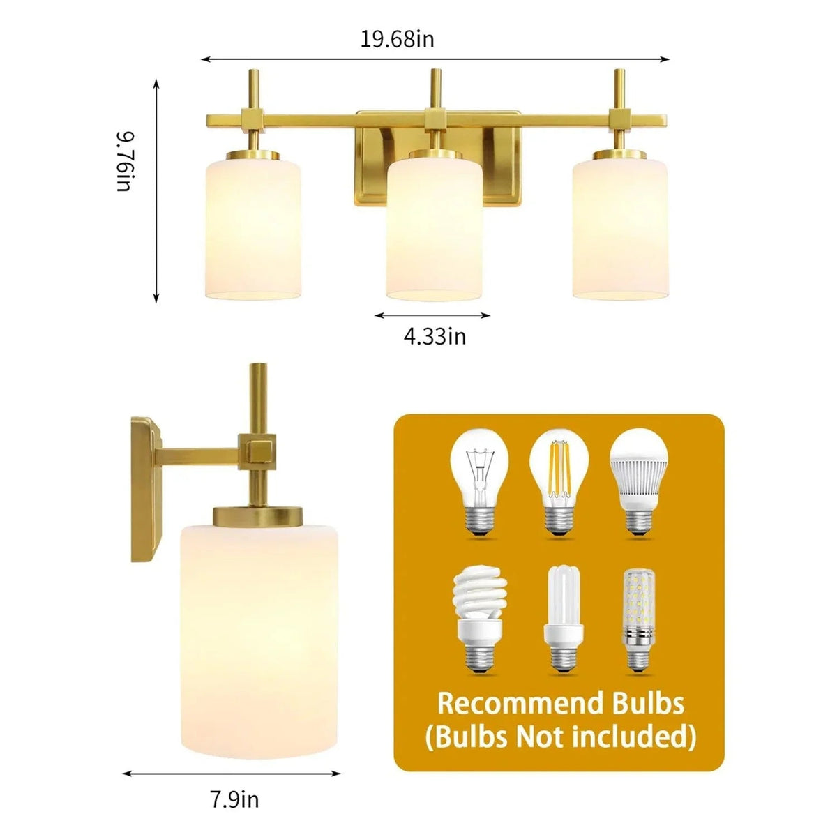 Golden 3-light vanity light size diagram with frosted glass shades, bulb types shown