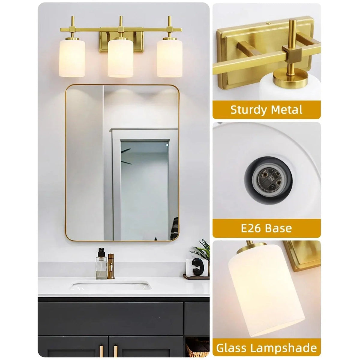 Gold 3-light bathroom vanity light with frosted glass shades and sturdy metal frame