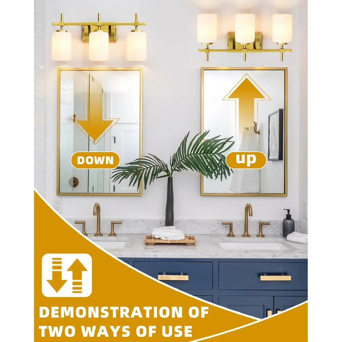 Gold 3-light bathroom vanity light with frosted glass shades, adjustable up or down