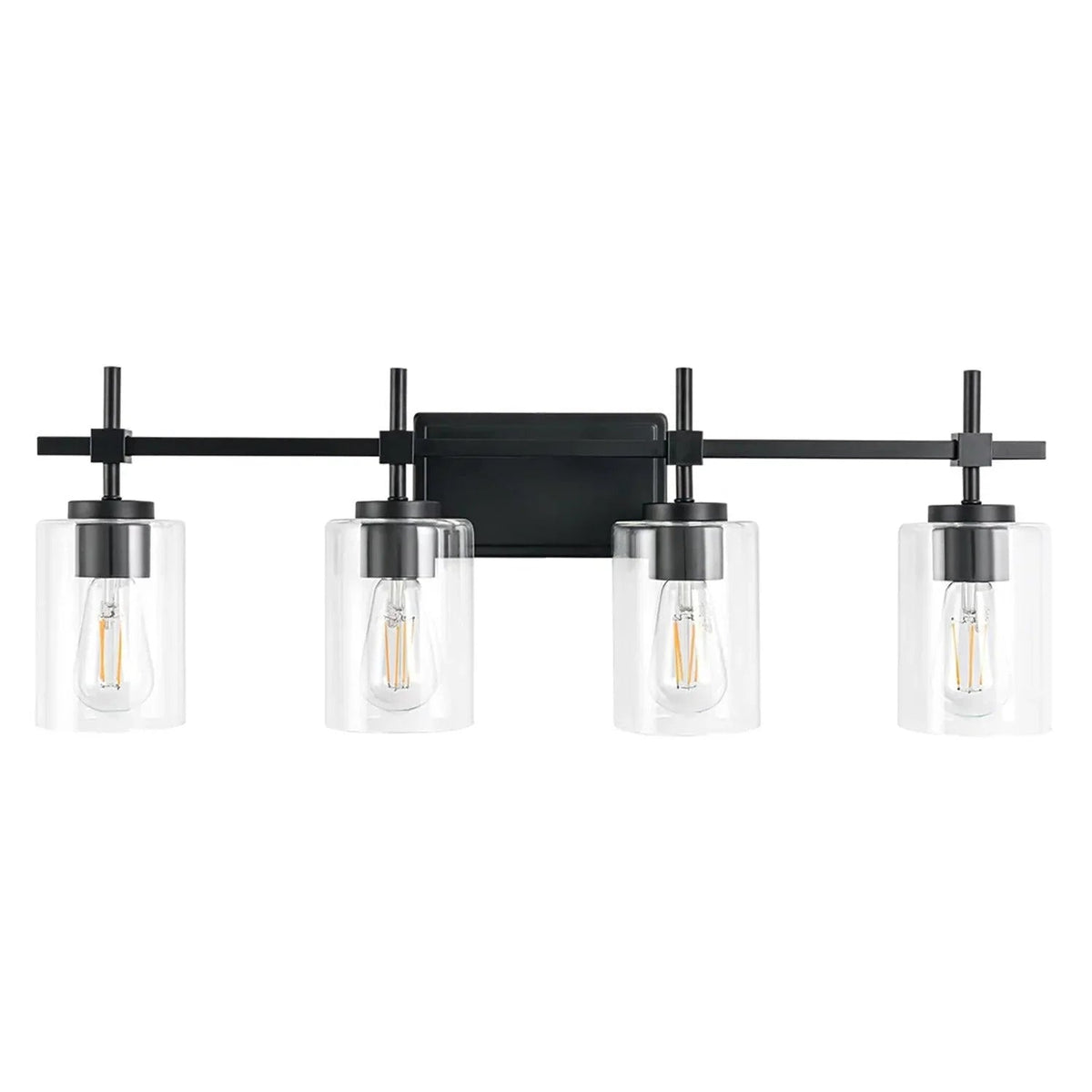 4-light linear vanity light with clear glass shades in black finish