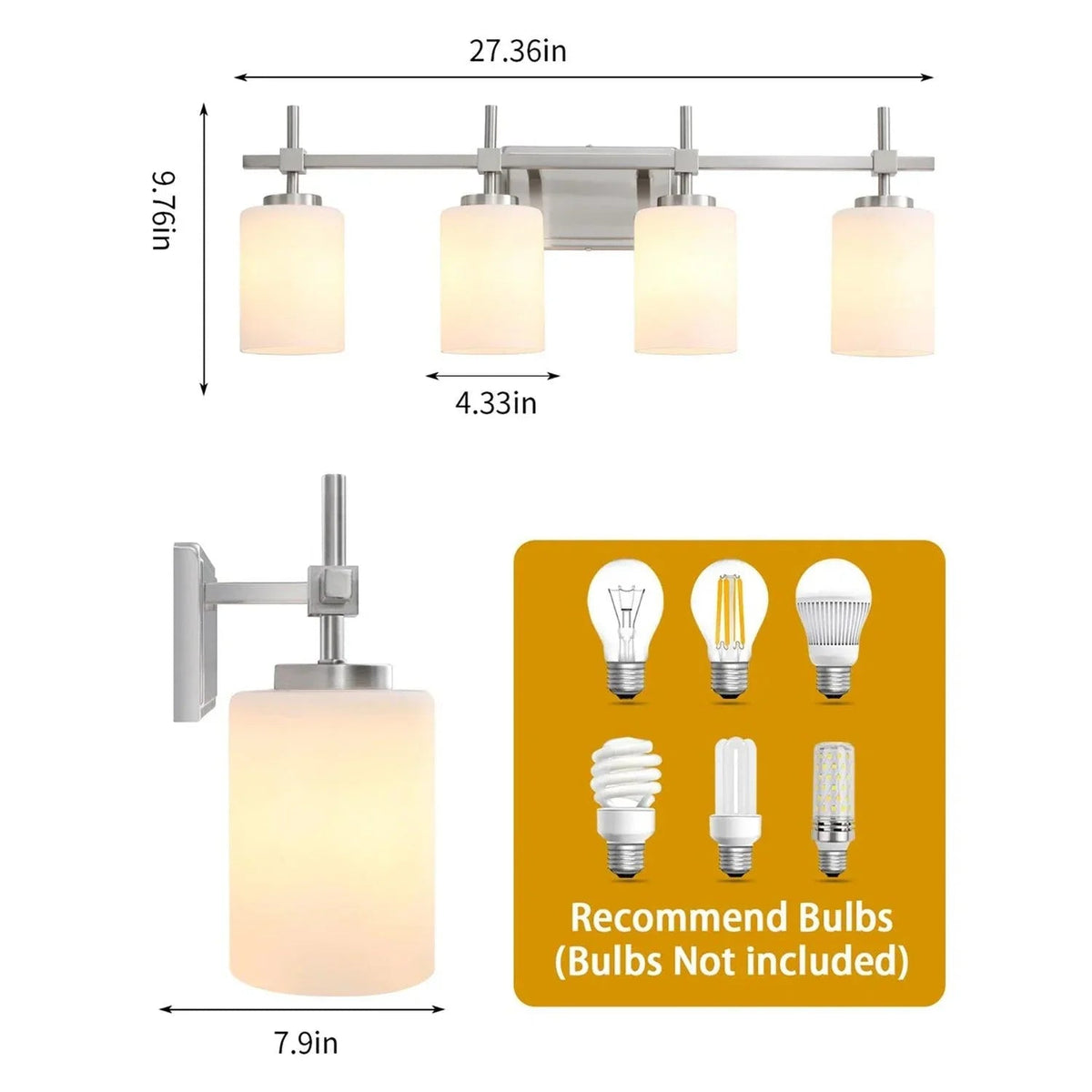 4-light modern bathroom vanity light with frosted glass shades and metal mounting bar