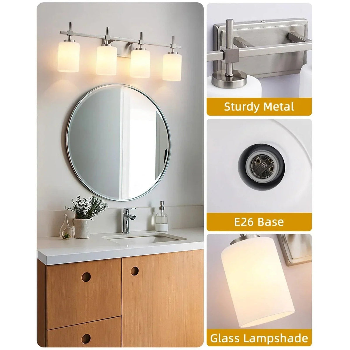 Brush nickel 4-light vanity light with frosted glass cylinder lamp shades
