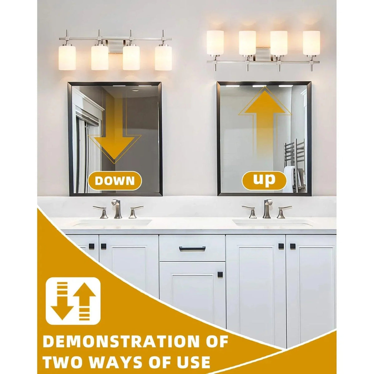 4-light vanity light with frosted glass shades for down and up lighting