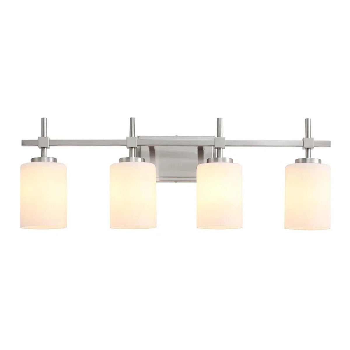 4-light bathroom vanity light with four frosted glass cylinders on a metal bar
