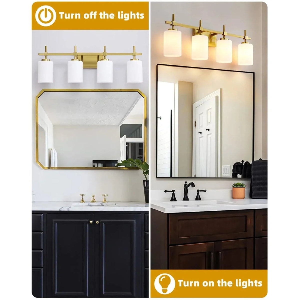 Golden 4-light vanity light with frosted glass shades and wall mounting bar