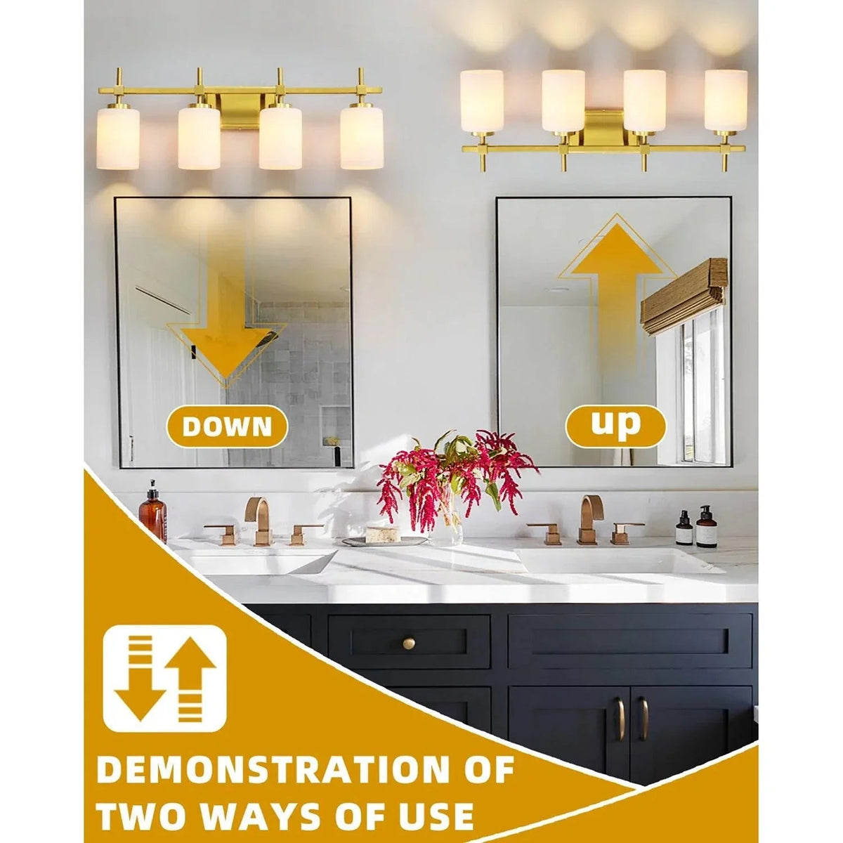 Golden 4-light bathroom vanity light with frosted glass shades over the mirror
