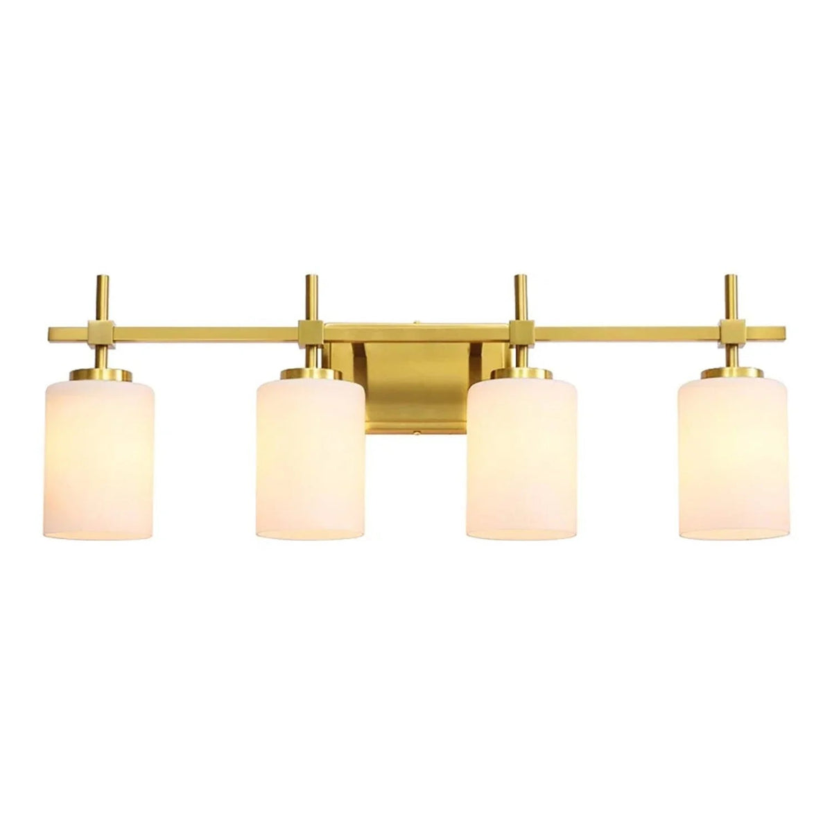 Golden 4-light wall vanity light with four frosted glass lamp shades