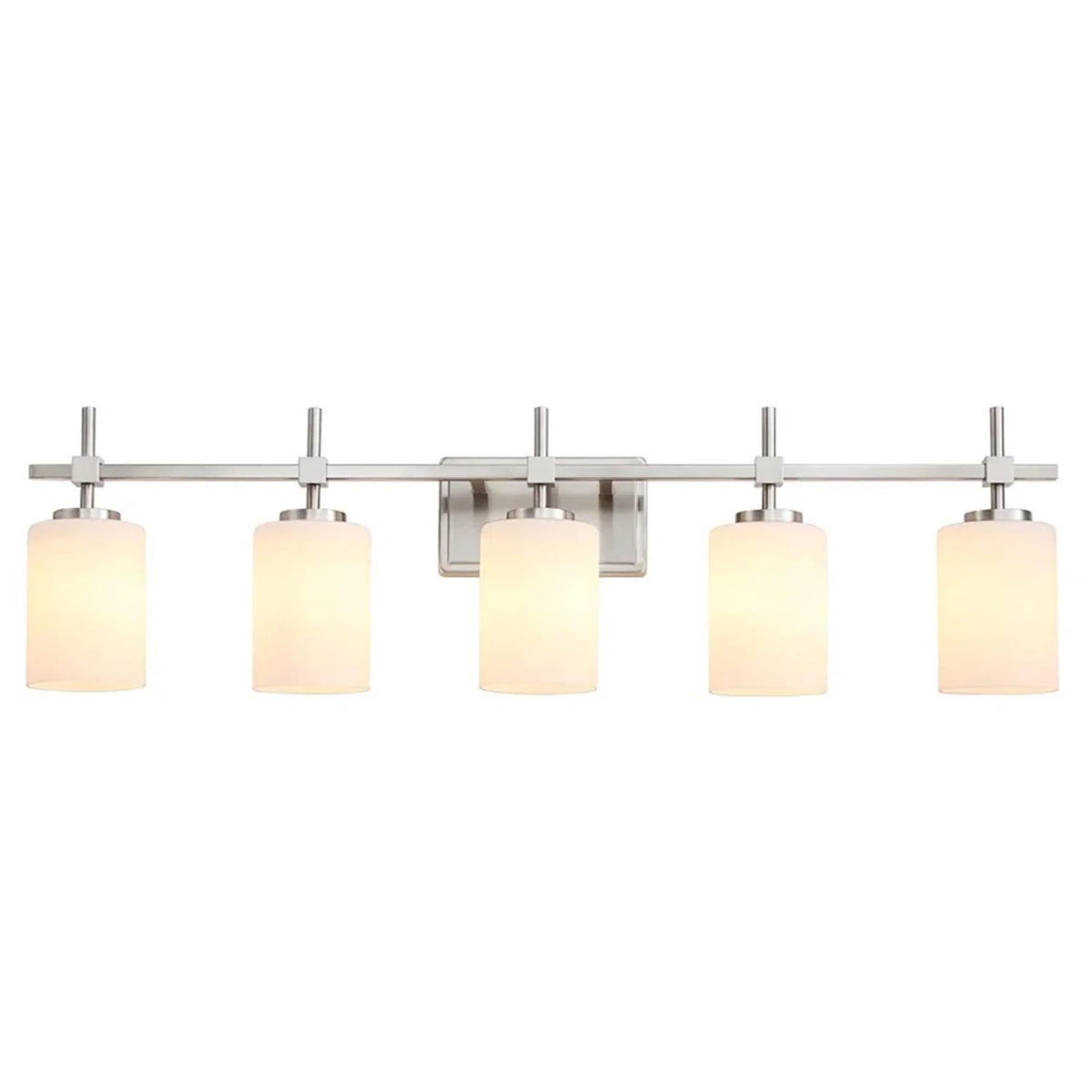 5-light bathroom linear vanity light with frosted glass shades in brush nickel finish