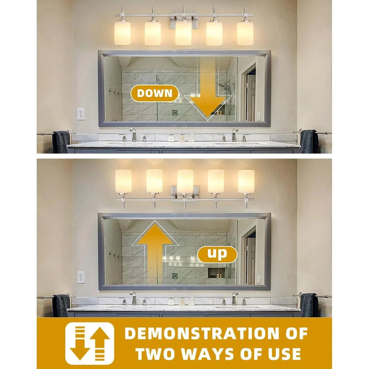 Frosted glass 5-light bathroom vanity light fixture with five illuminated shades