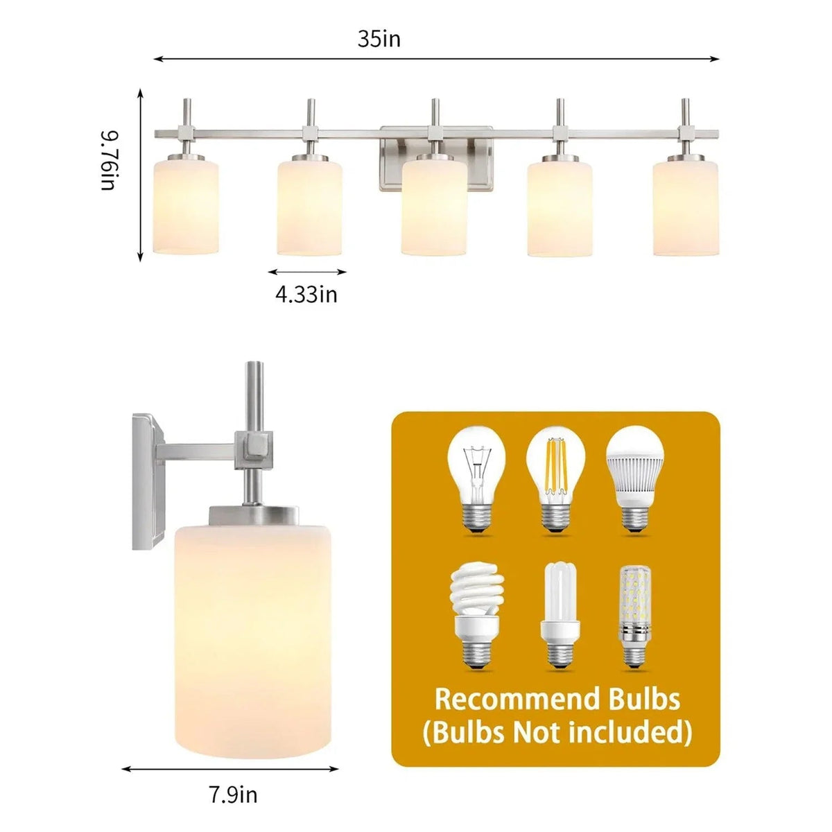 Brush nickel 5-light linear vanity light with frosted glass shades and wall mount
