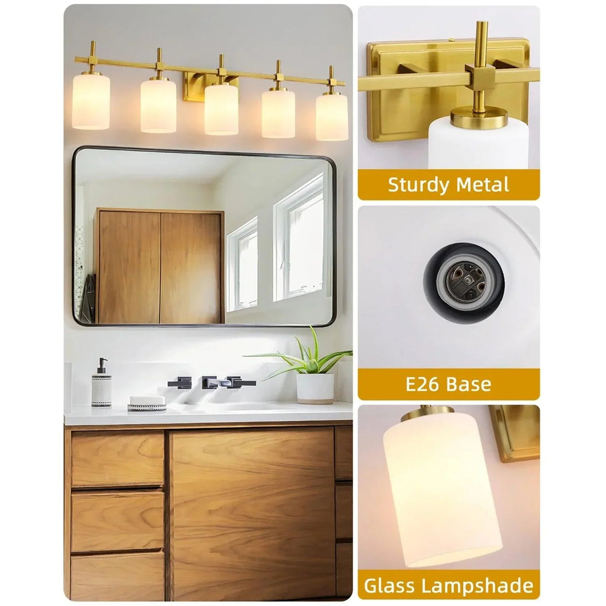 Golden 5-light vanity light with frosted glass lamp shades and wall mount bracket