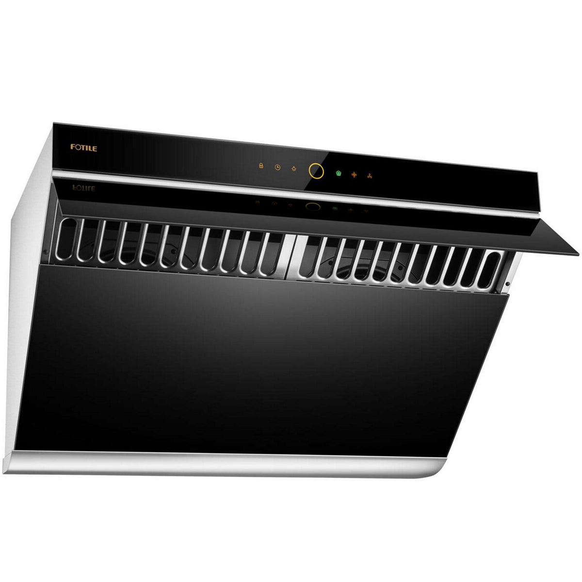 Fotile 30-Inch Prestige Inclined Vent Under-Cabinet / Wall-Mount Range Hood with Dual DC Motors, 1000 Max EQUIV. CFM, Motion Activation and 38dB Quiet Operation in Black Tempered Glass (JQG7505)