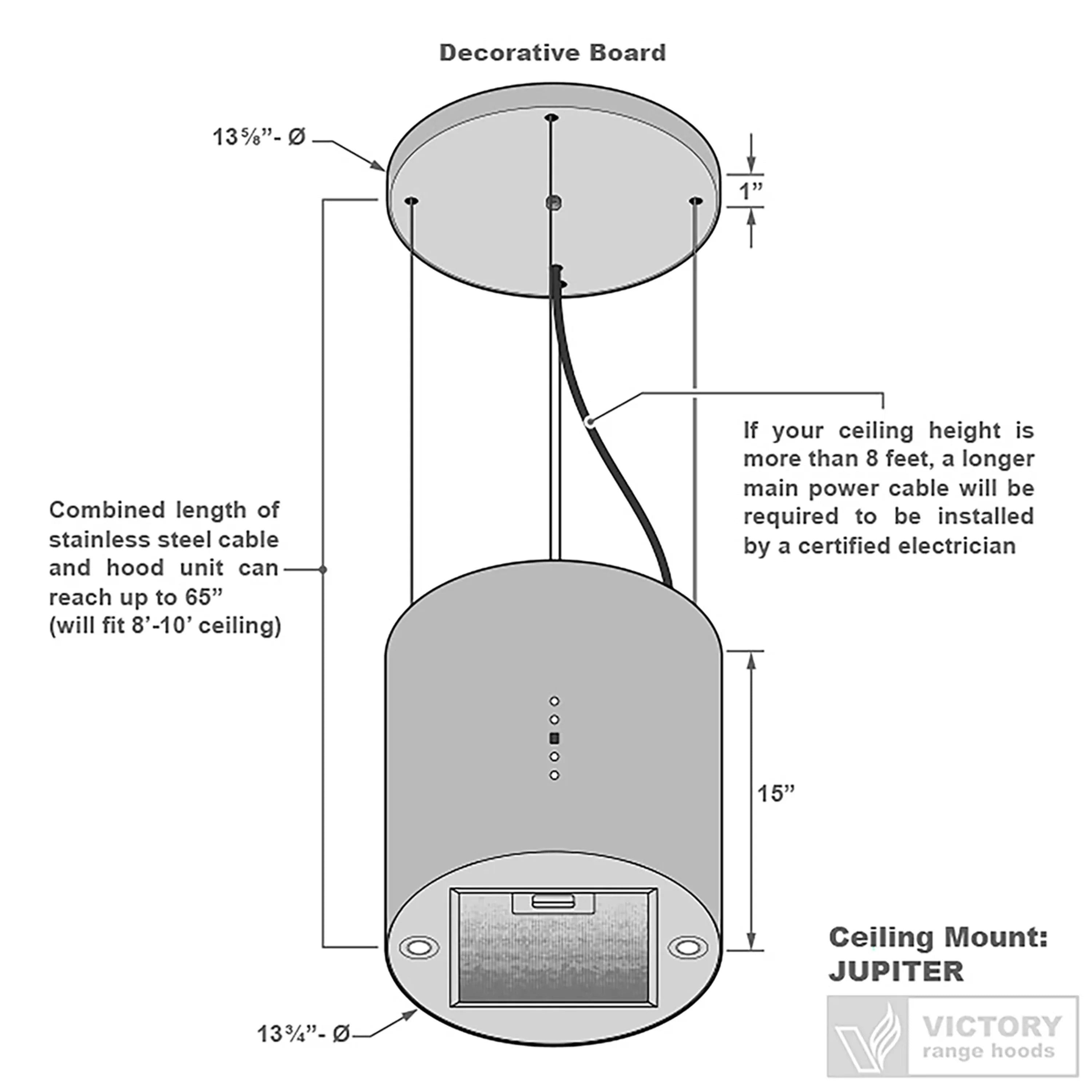 Ceiling mount hood installation diagram with dimensions and cable routing