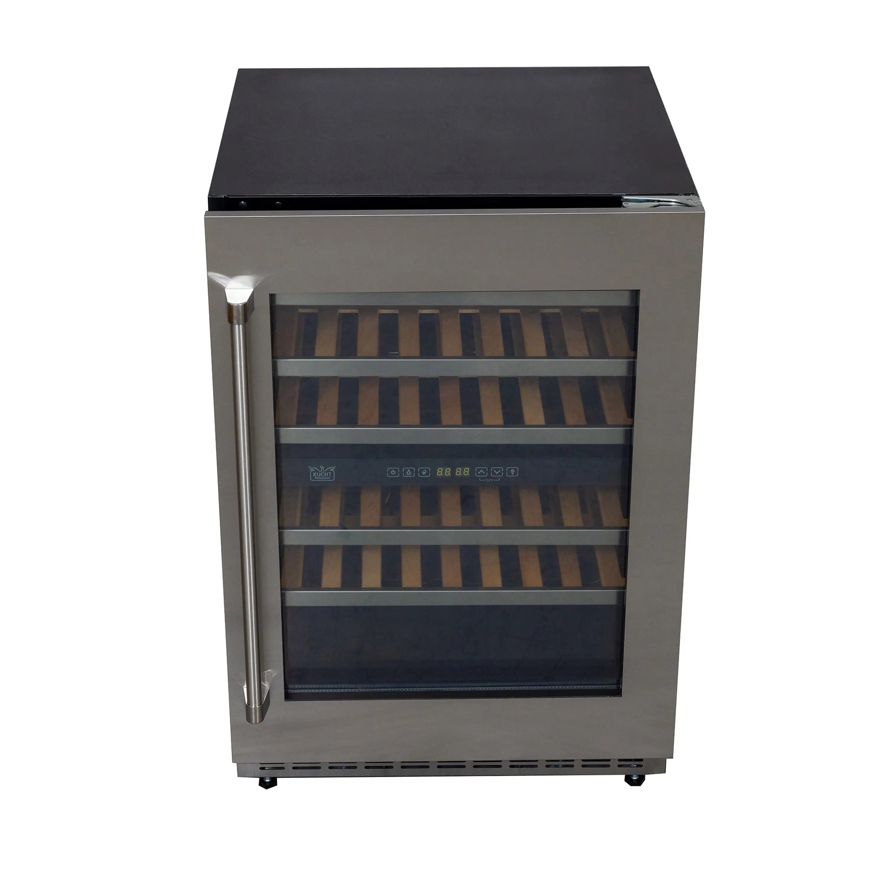 Stainless steel freestanding wine cooler with glass door and wooden racks inside