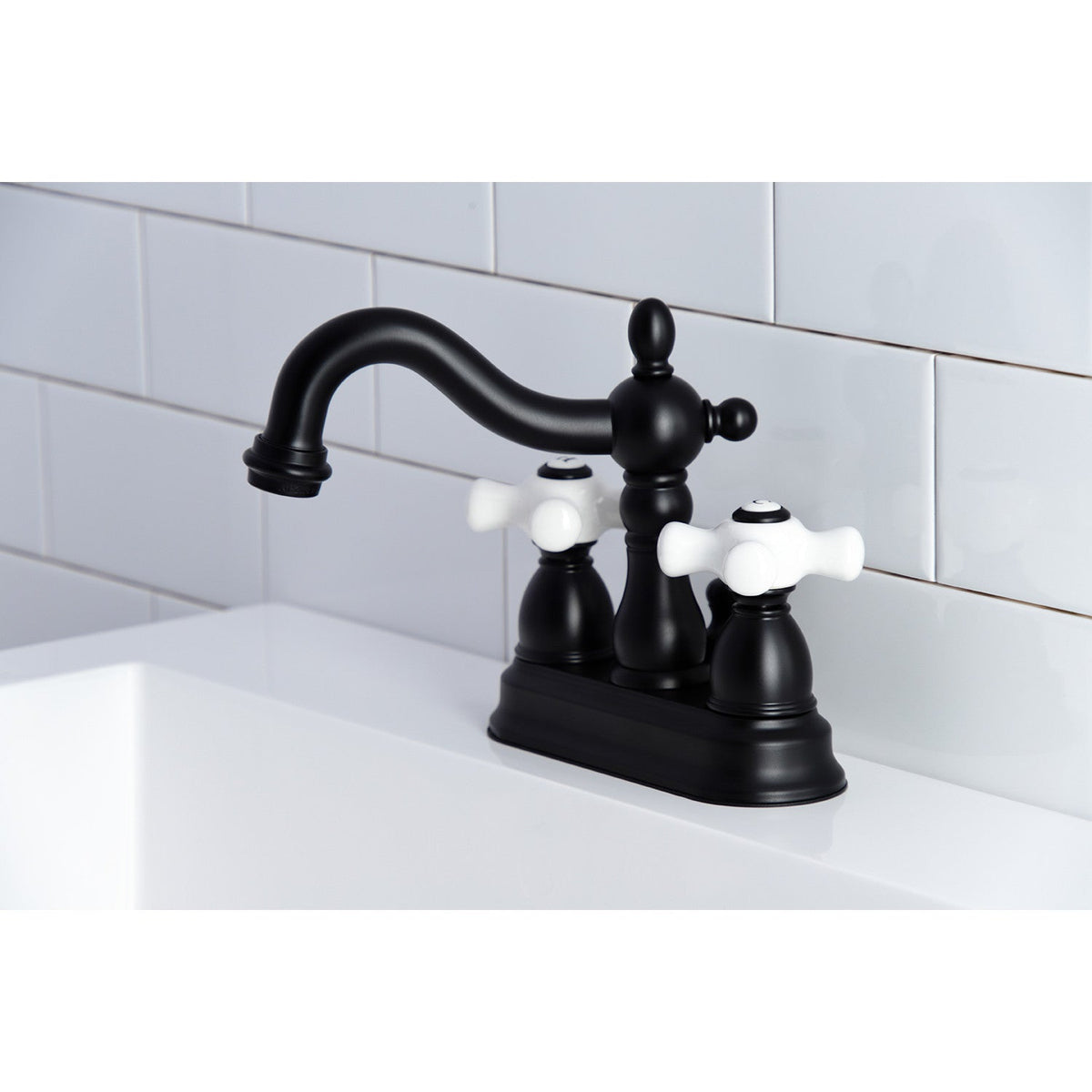 Heritage Double-Handle 4" Centerset Bathroom Faucet with Pop-Up Drain in Matte Black