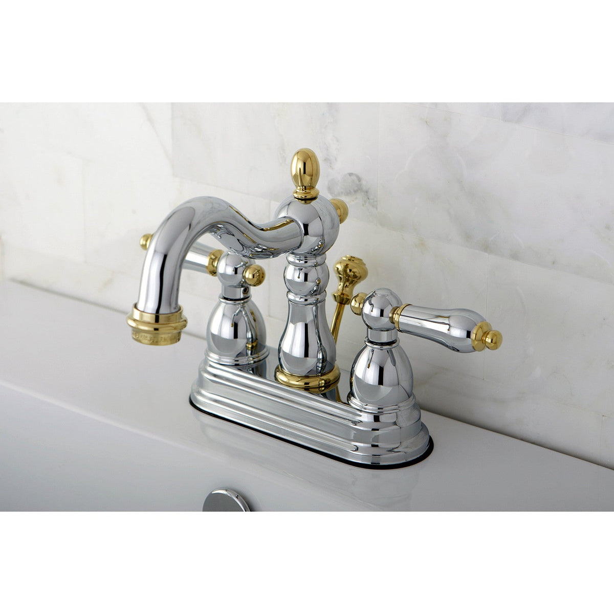 Heritage Double-Handle 4" Centerset Bathroom Faucet with Pop-Up Drain in Polished Chrome/Polished Brass