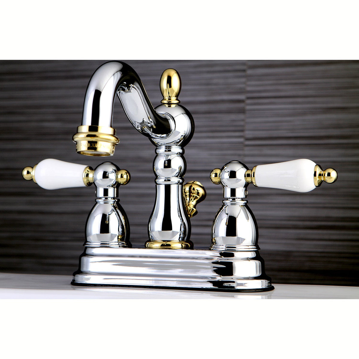 Heritage Double-Handle 4" Centerset Bathroom Faucet with Pop-Up Drain in Polished Chrome/Polished Brass