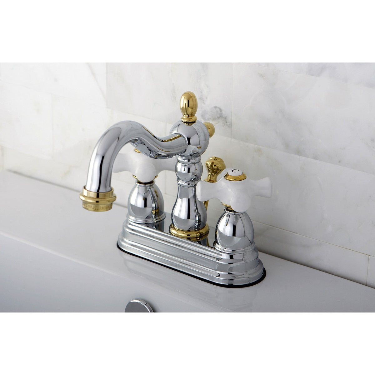 Heritage Double-Handle 4" Centerset Bathroom Faucet with Pop-Up Drain in Polished Chrome/Polished Brass
