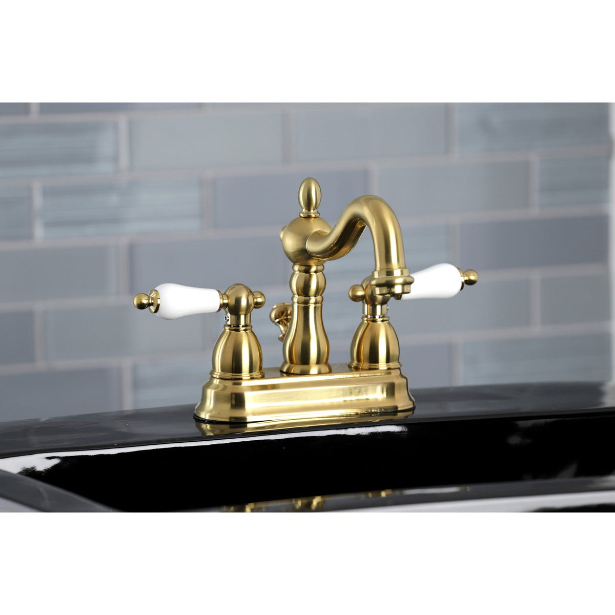 Heritage Double-Handle 4" Centerset Bathroom Faucet with Pop-Up Drain in Brushed Brass